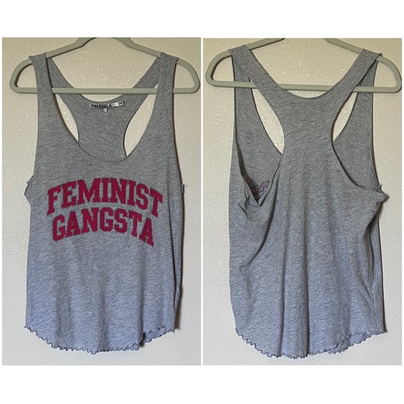 Pam & Gela Feminist Gangsta Glitter Graphic Distressed Racerback Tank Top L - Picture 4 of 13
